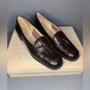Authentic Salvatore Ferragamo Crocodile Embossed Leather Loafers
